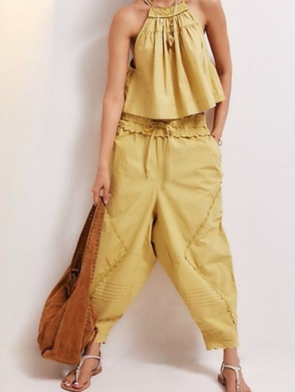 Free People Mustard Yellow Cropped Wide-Leg Pants
